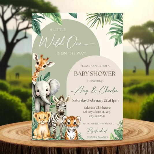A Little Wild One Is On The Way Safari Baby Shower Invitation Template, Jungle Baby Shower Invite Digital or Printed, Safari Animal Shower