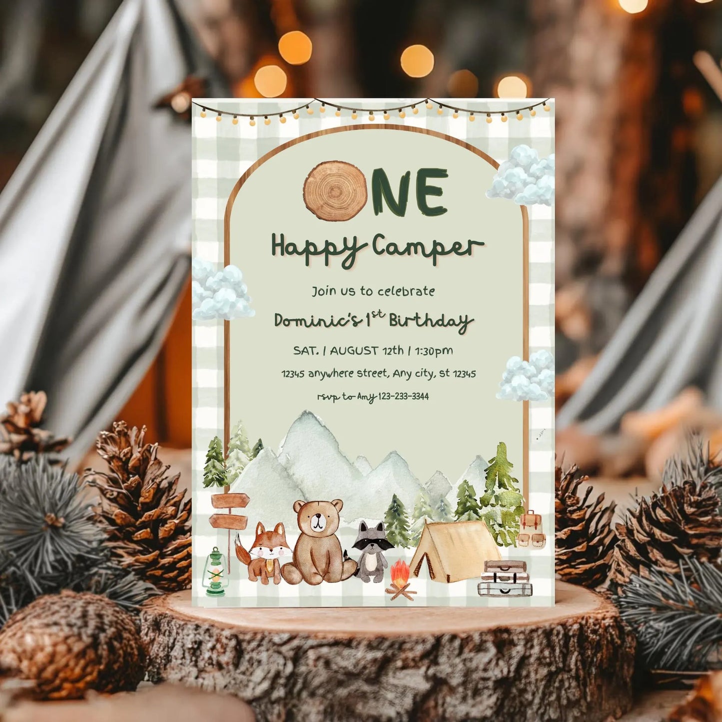 One Happy Camper First Birthday Digital Invitation, Camping Boy 1st Birthday Template, Editable Happy Camper Woodland Digital Invite