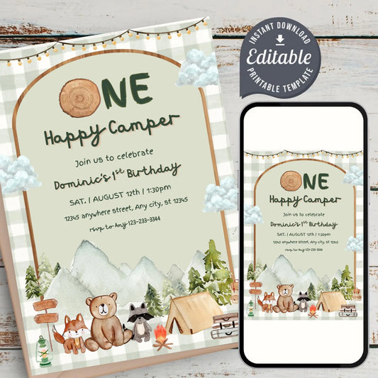 One Happy Camper First Birthday Digital Invitation, Camping Boy 1st Birthday Template, Editable Happy Camper Woodland Digital Invite