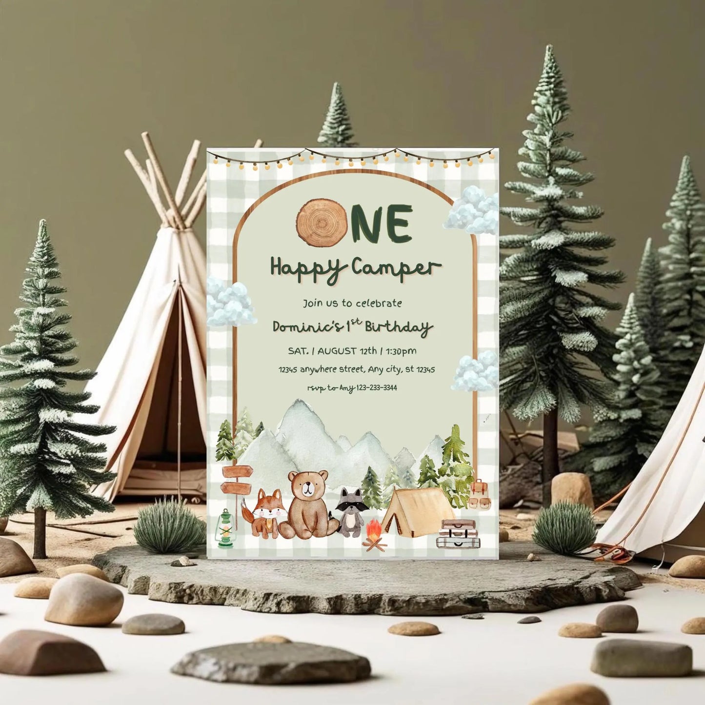 One Happy Camper First Birthday Digital Invitation, Camping Boy 1st Birthday Template, Editable Happy Camper Woodland Digital Invite