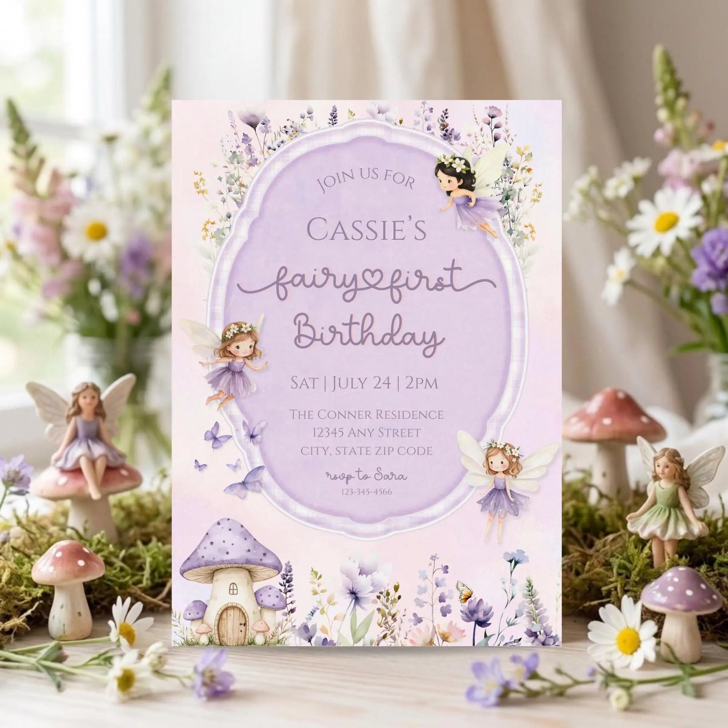 Fairy First Birthday Invitation, Purple Wildflower Fairy Garden 1st Birthday Party, Editable Girl Fairy 1st Birthday