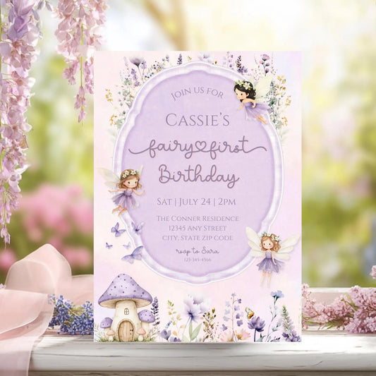 Fairy First Birthday Invitation, Purple Wildflower Fairy Garden 1st Birthday Party, Editable Girl Fairy 1st Birthday