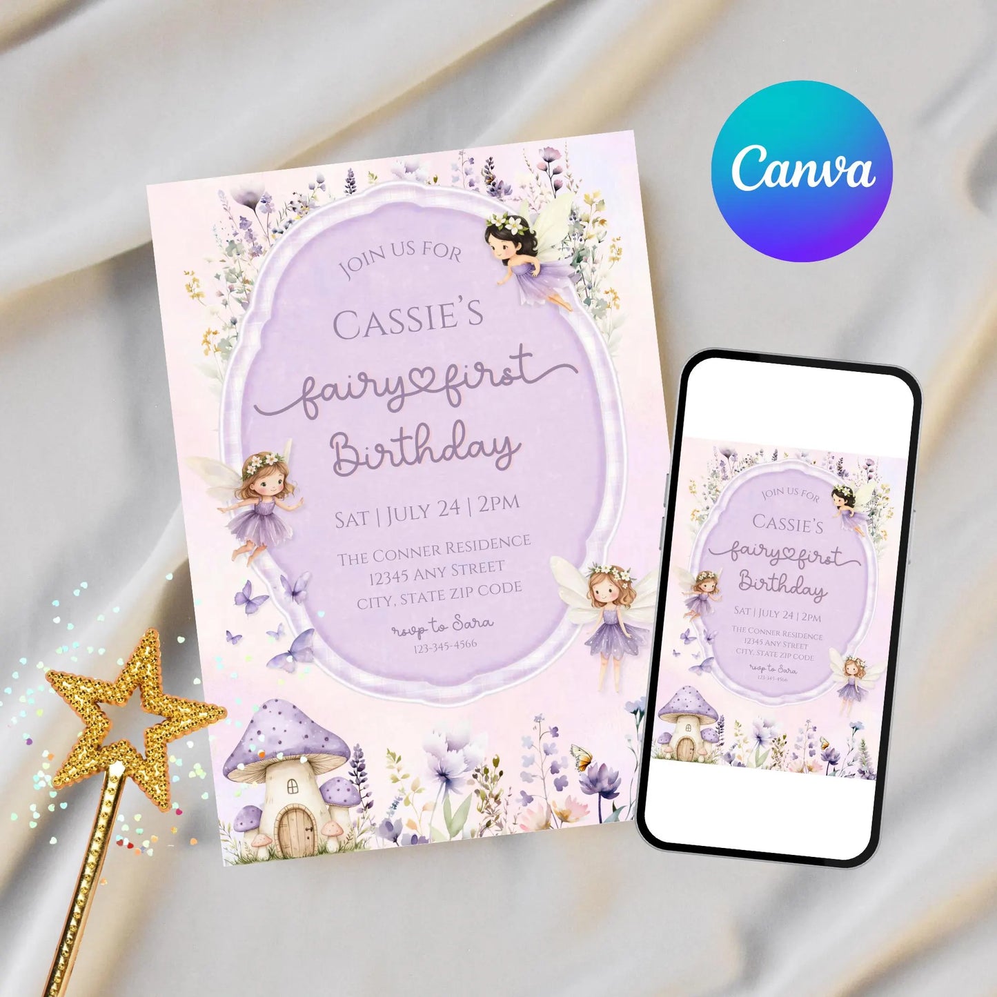 Fairy First Birthday Invitation, Purple Wildflower Fairy Garden 1st Birthday Party, Editable Girl Fairy 1st Birthday