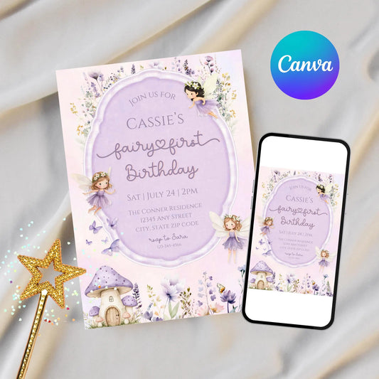 Fairy First Birthday Invitation, Purple Wildflower Fairy Garden 1st Birthday Party, Editable Girl Fairy 1st Birthday