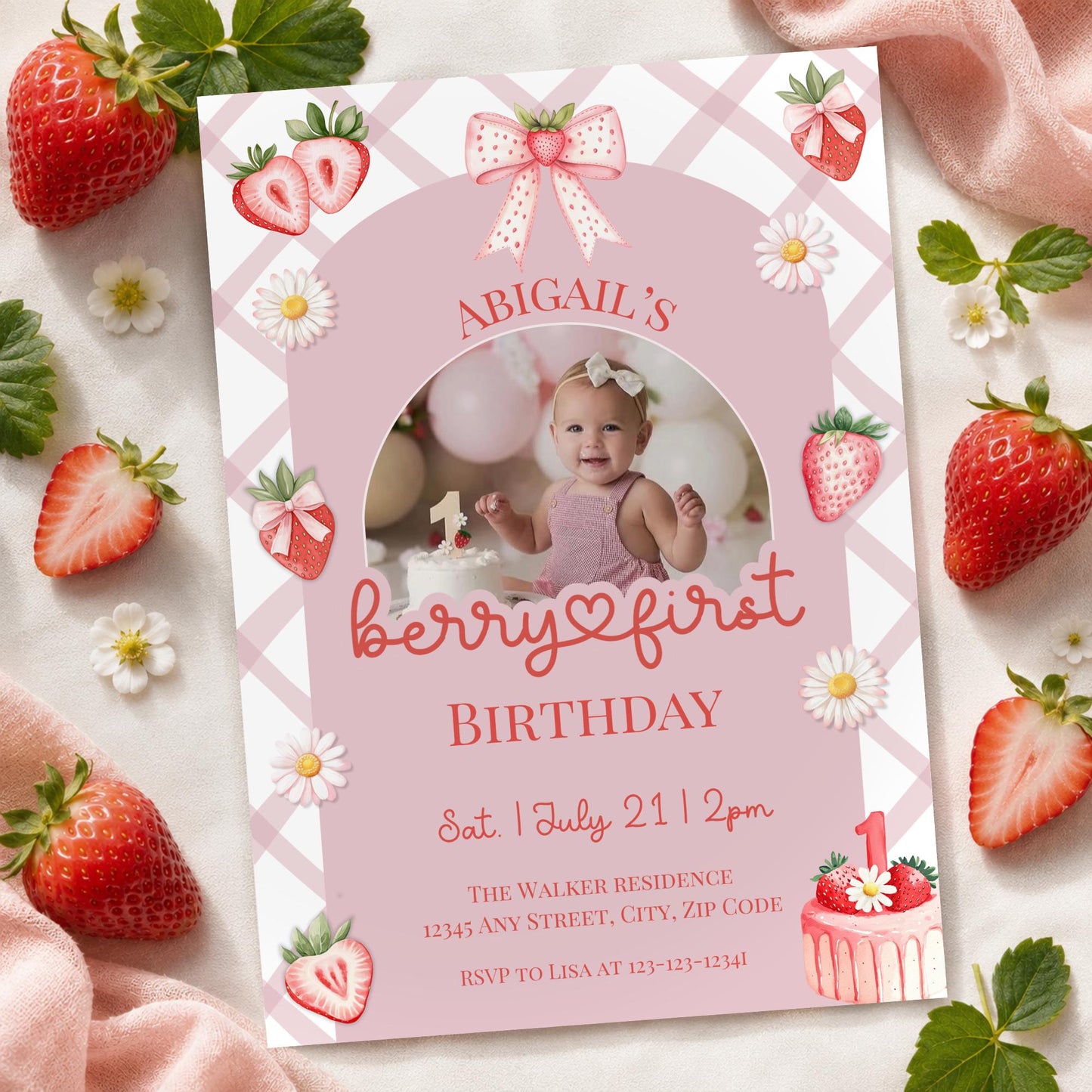 Berry First Birthday Invitation, Editable Photo 1st Birthday Girl Strawberry Birthday Template, Pink Gingham Berry Sweet Digital Invite