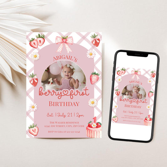 Berry First Birthday Invitation, Editable Photo 1st Birthday Girl Strawberry Birthday Template, Pink Gingham Berry Sweet Digital Invite