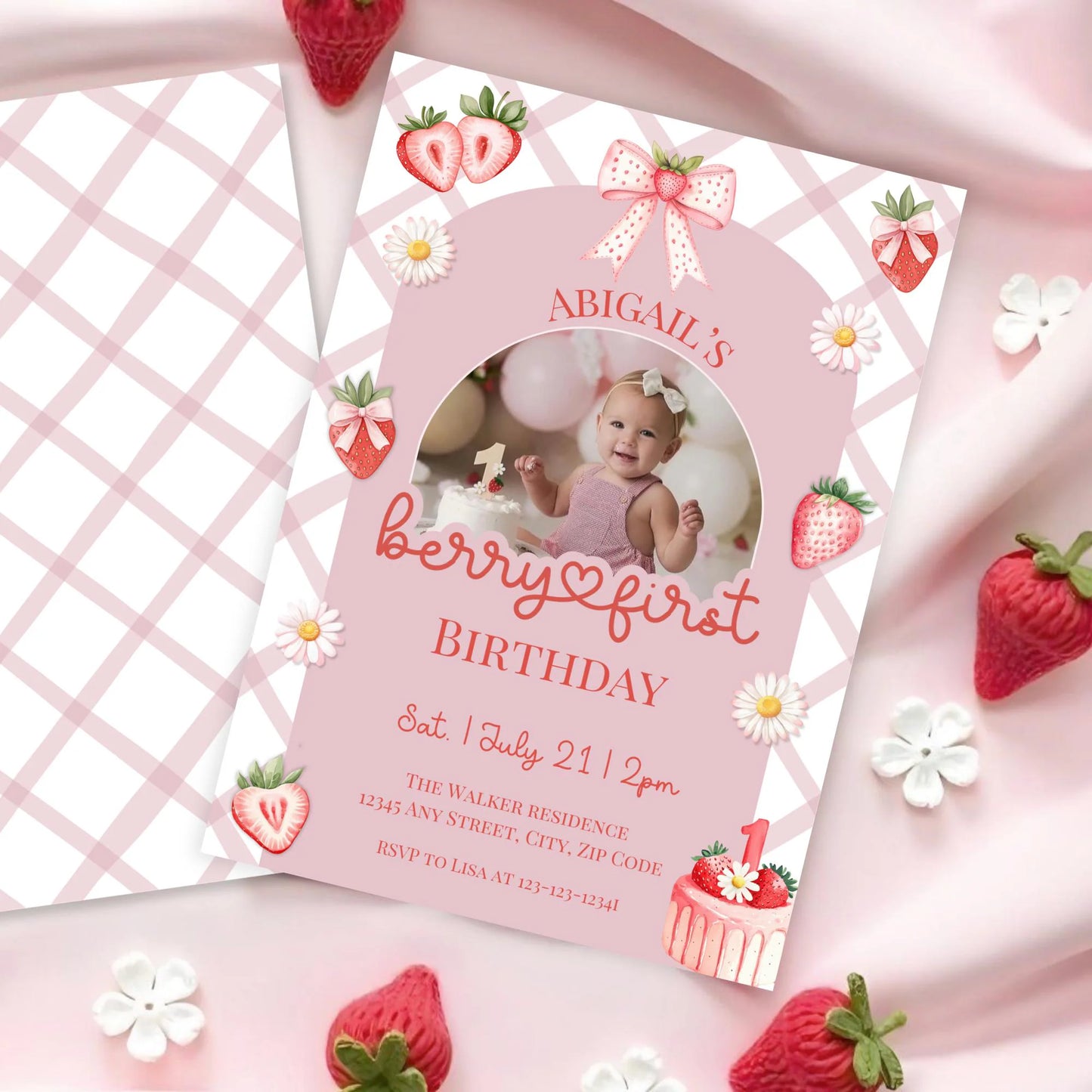Berry First Birthday Invitation, Editable Photo 1st Birthday Girl Strawberry Birthday Template, Pink Gingham Berry Sweet Digital Invite