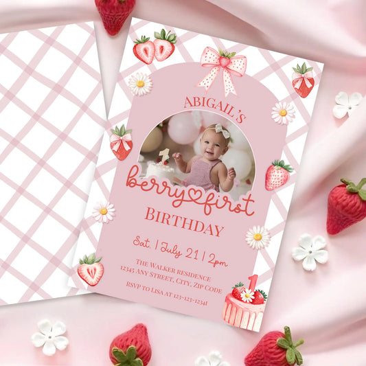 Berry First Birthday Invitation, Editable Photo 1st Birthday Girl Strawberry Birthday Template, Pink Gingham Berry Sweet Digital Invite