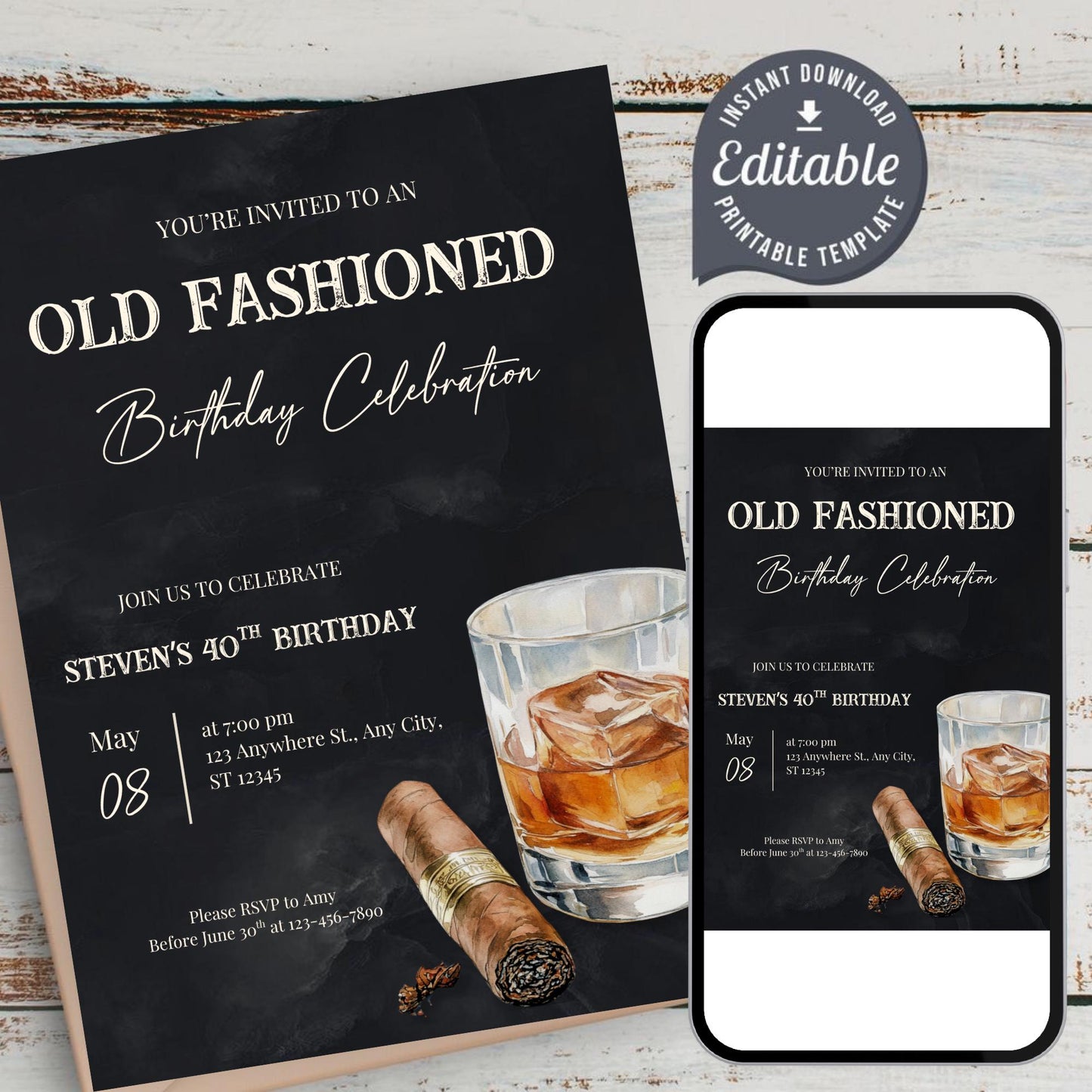 Old Fashioned Birthday Invitation, Editable Whiskey 40th Birthday or Any Age Template, Old Fashioned Celebration