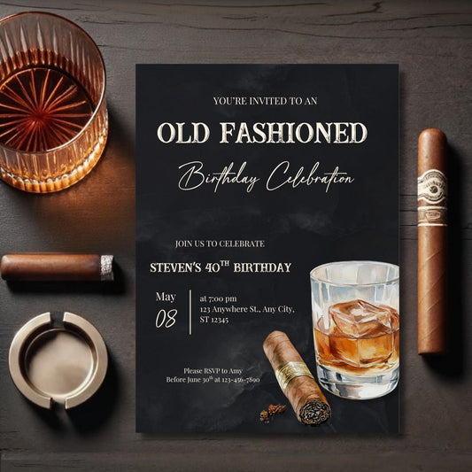 Old Fashioned Birthday Invitation, Editable Whiskey 40th Birthday or Any Age Template, Old Fashioned Celebration