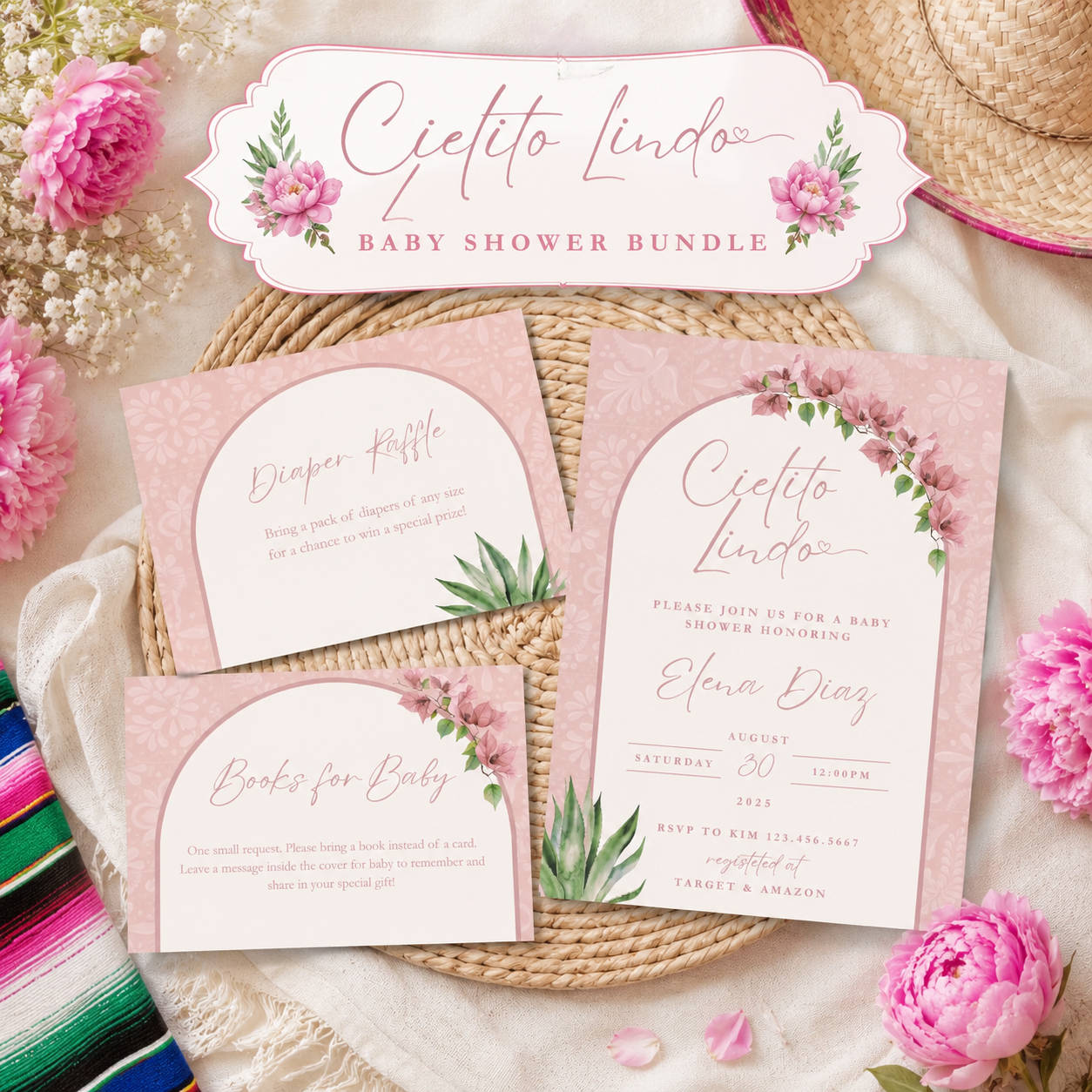 Pink Cielito Lindo Baby Shower Invitation Girl, Floral Mexican Baby Shower Girl Invite, Papel Picado Canva Template