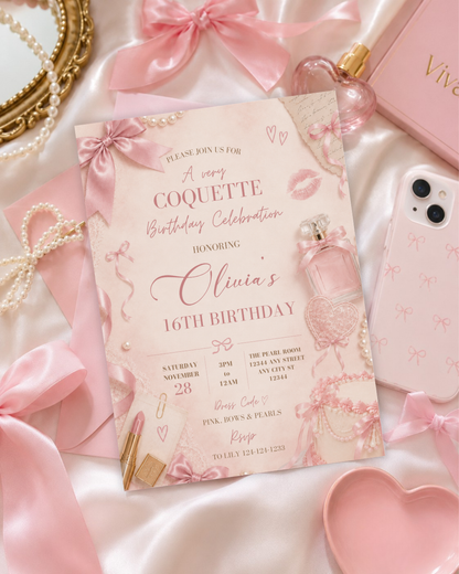 Pink Coquette Pearl and Bow Birthday Invitation