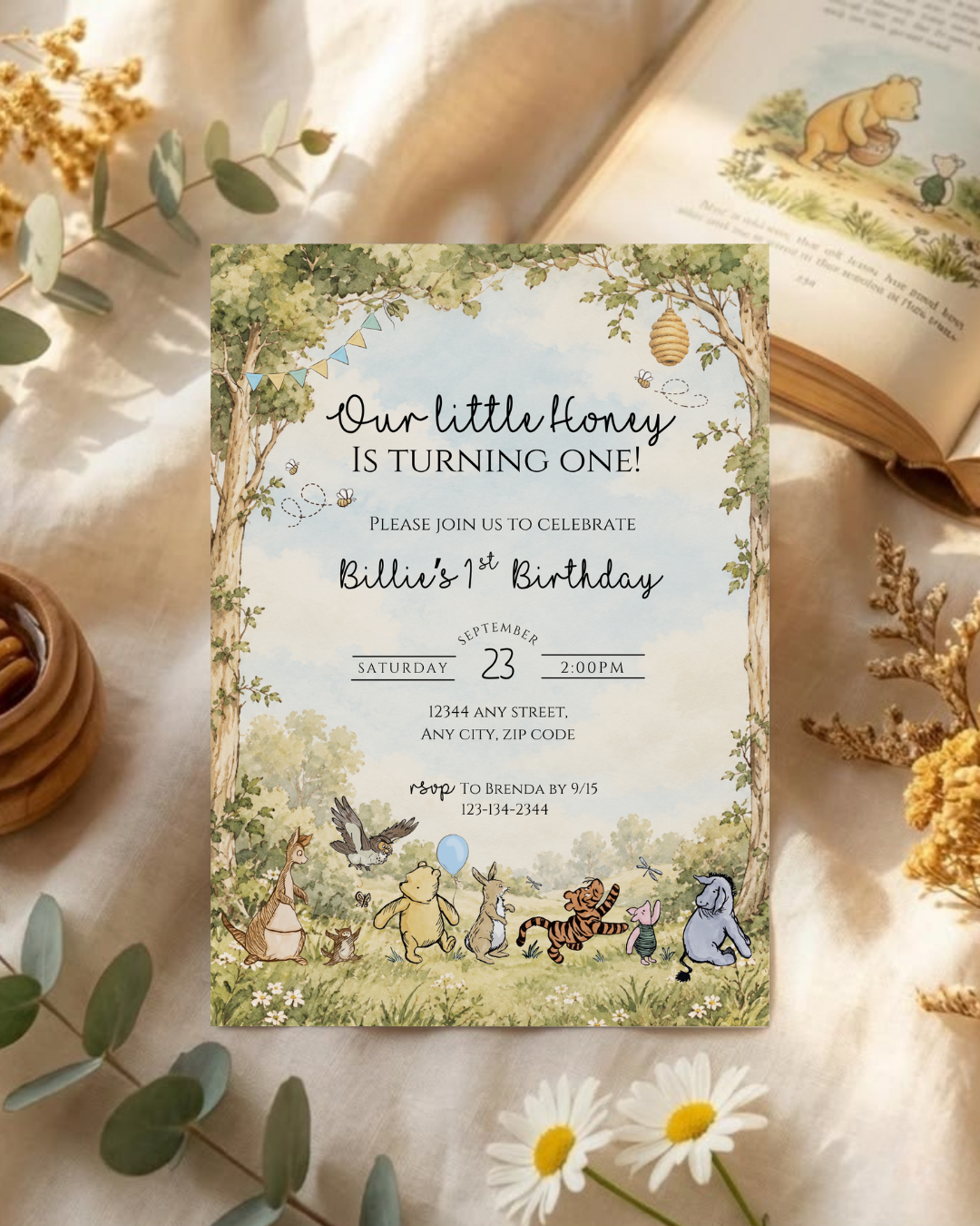 Winnie the Pooh First Birthday Invitation | A Little Honey is Turning One